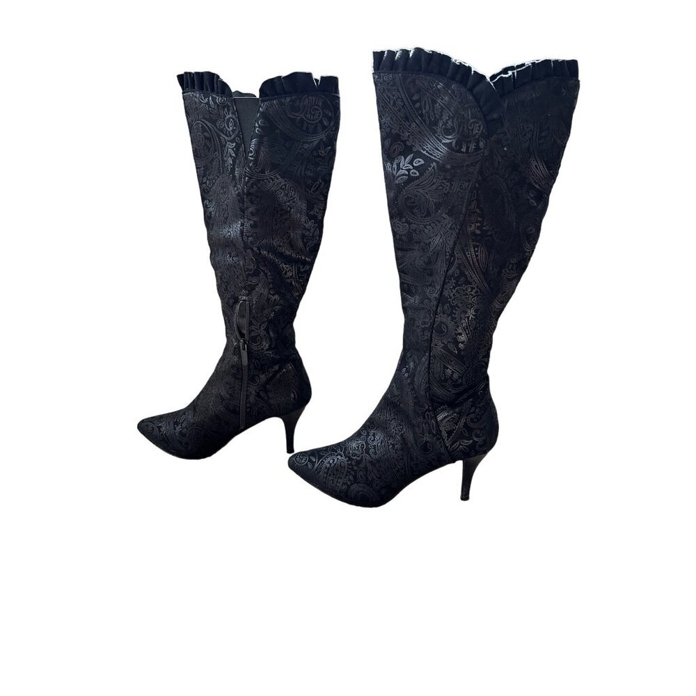 Impo Stretch Sofia Black Knee-High Heeled Boots Size 8M With Flaw Pointed Toe